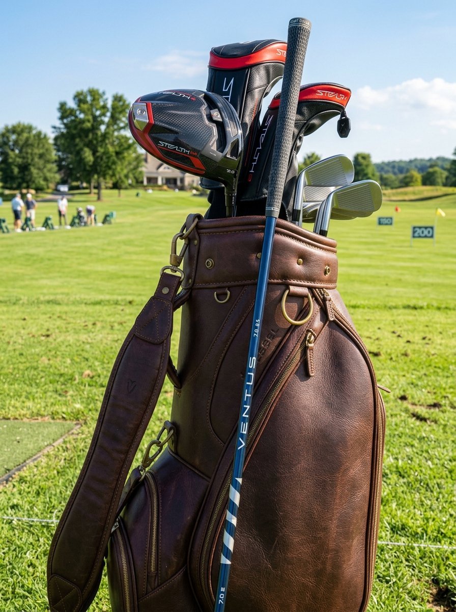 Close up of a luxury leather golf bag filled with Taylormade Stealth driver and irons on a sunny driving range.