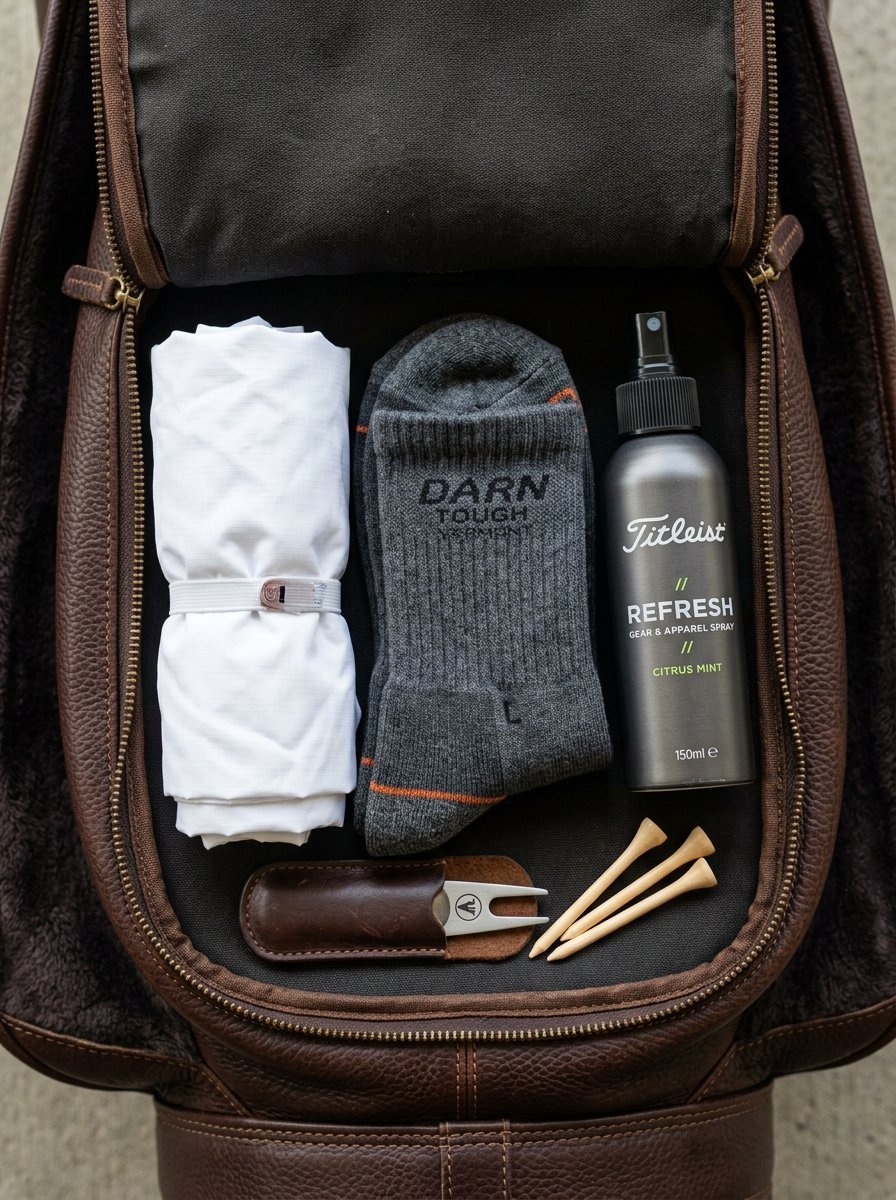Folded white shirt, grey Darn Tough socks, Titleist spray, and golf tees stored in a leather bag.