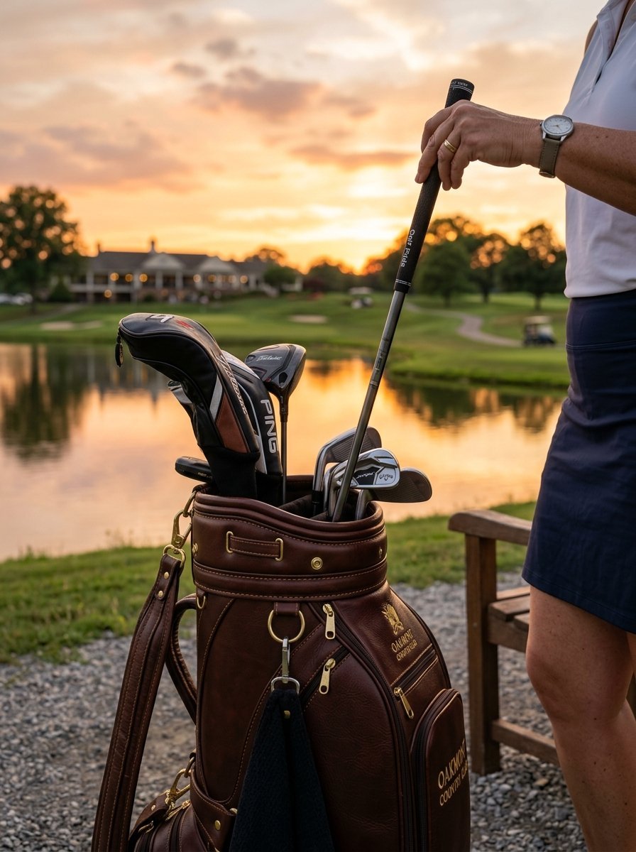 A golfer standing by a vintage-style leather bag on a course at sunset with a clubhouse in the background.
