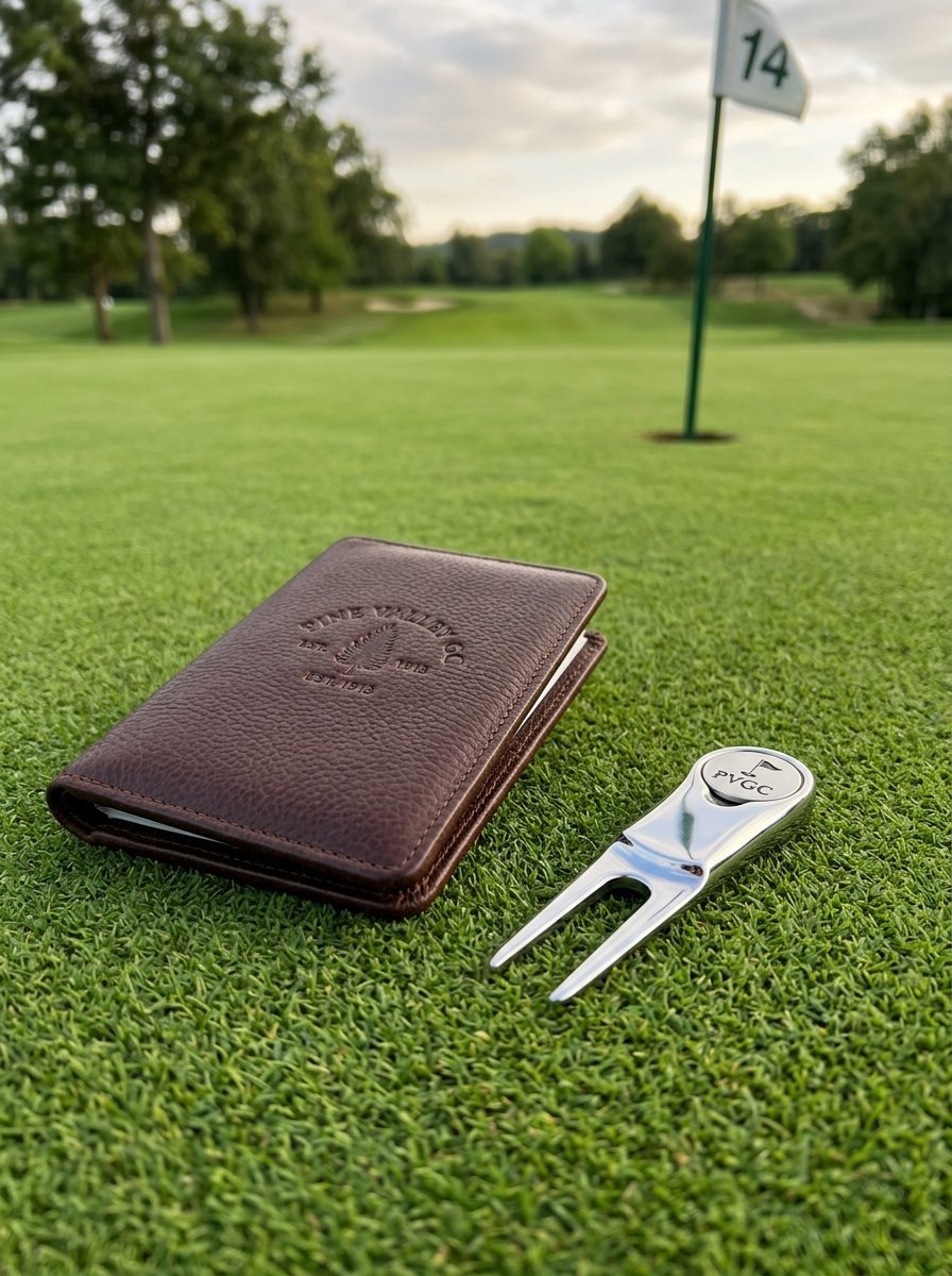 Brown leather wallet and silver PVGC divot repair tool sitting on a golf course putting green near hole 14.