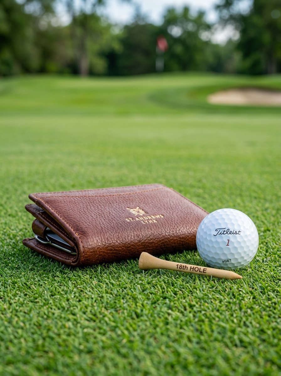 Brown St. Andrews Lynx leather wallet, Titleist golf ball, and an 18th hole wooden tee on green grass.