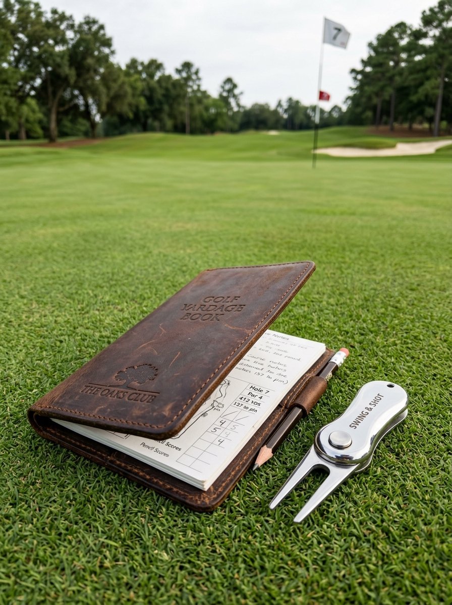 A leather The Oaks Club yardage book with a pencil and metal Swing & Shot divot tool resting on putting green grass.