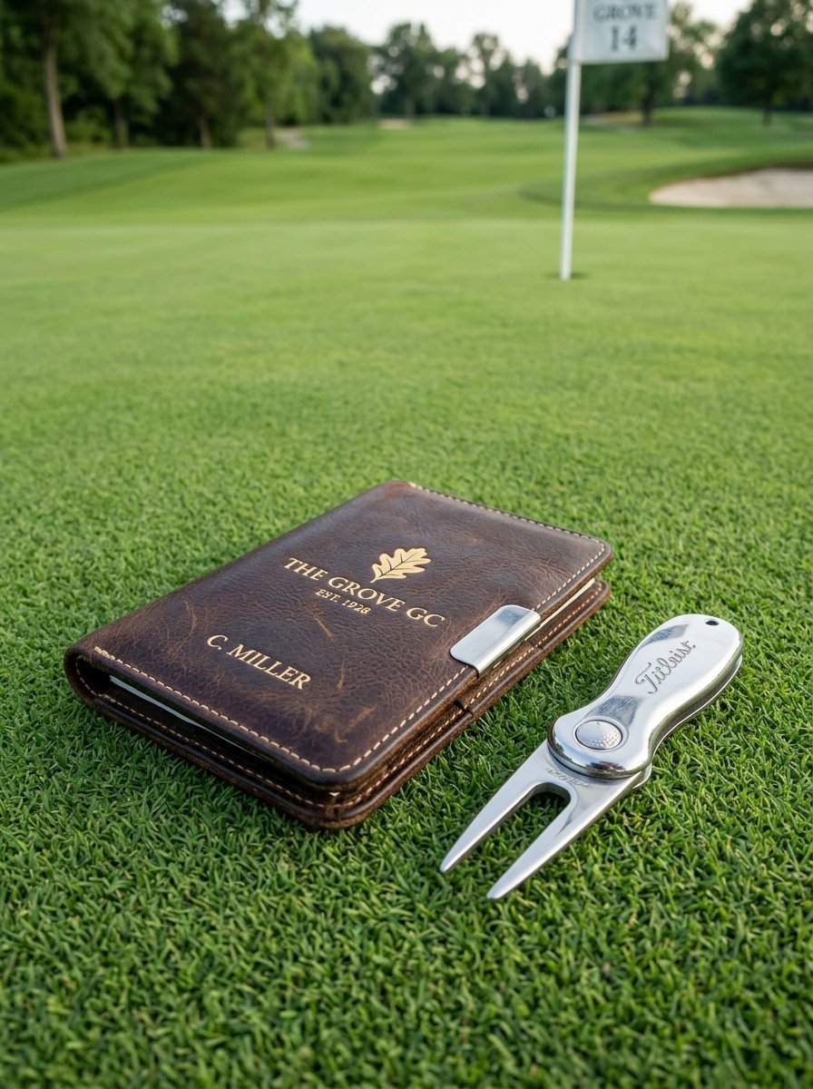 Personalized leather golf scorecard holder and chrome Titleist divot repair tool resting on a manicured putting surface.