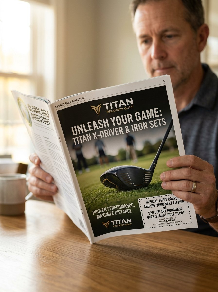 A man holding a magazine open to a full page ad for Titan Velocity driver and iron sets.