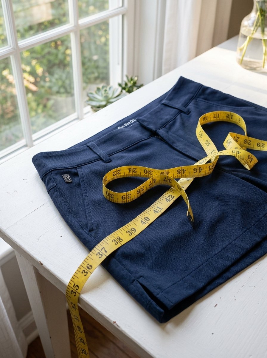 Yellow fabric measuring tape coiled on top of folded dark blue women's shorts on a white table.