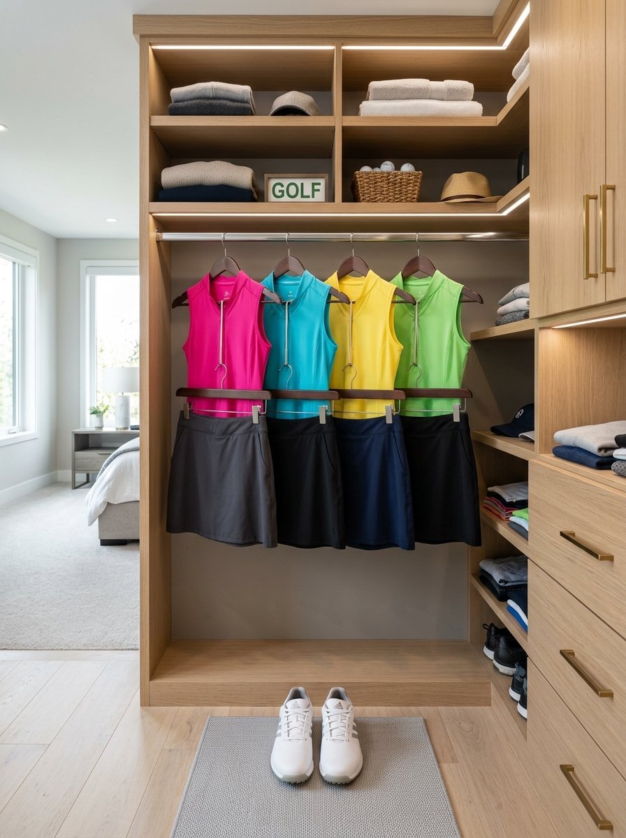 Four vibrant sleeveless golf shirts and skirts hanging in a modern oak walk-in closet with white athletic shoes below.
