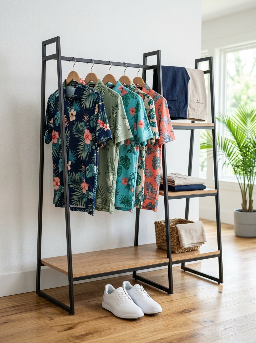 Industrial clothing stand holding floral print polo shirts, folded pants, and a pair of white sneakers on the floor.