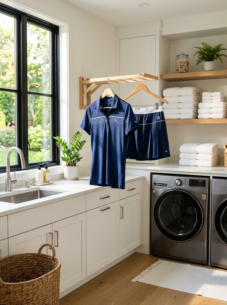 Navy blue polo shirt and matching pleated skirt on wooden hangers above a white laundry room counter.