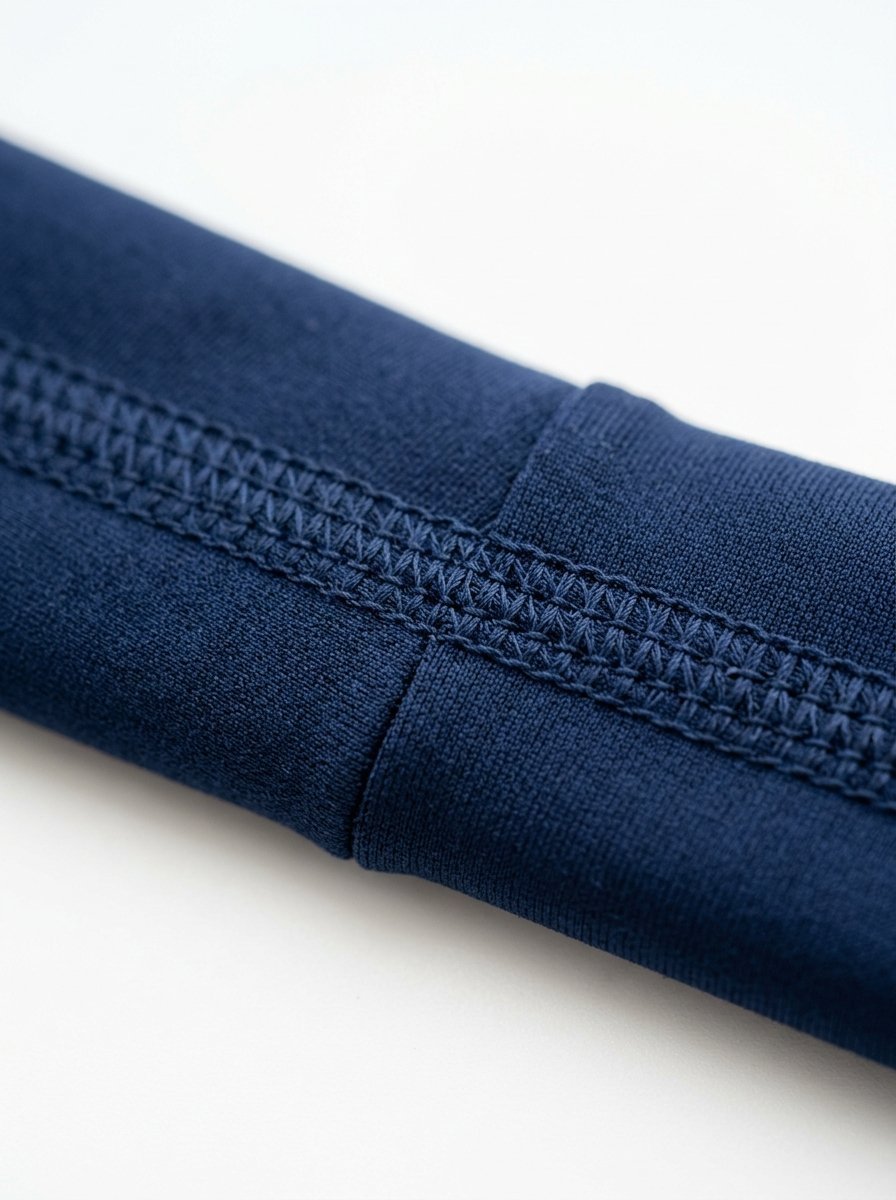 Detailed texture of dark blue knit clothing showing a prominent decorative flatlock seam.