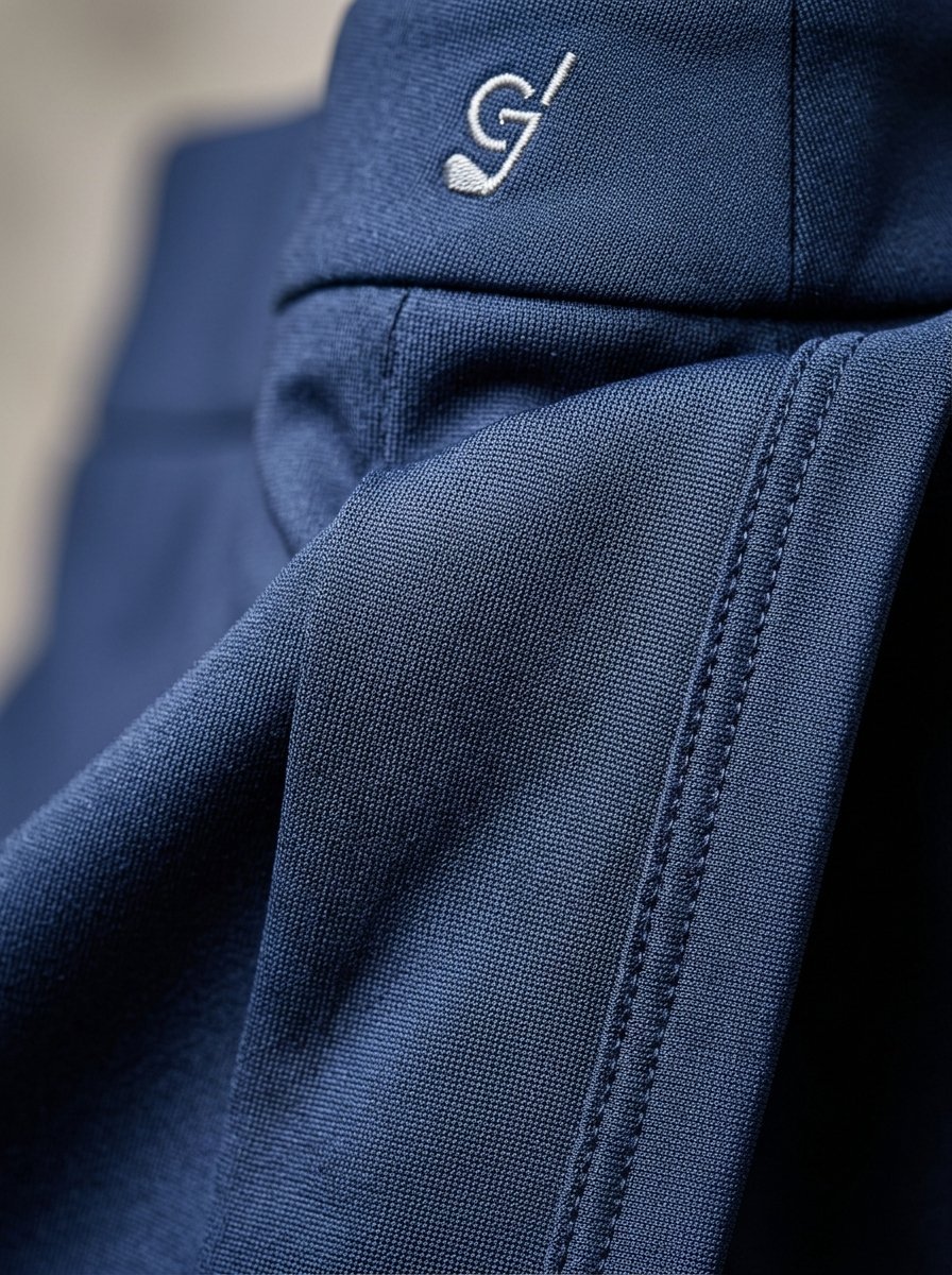 Close-up of navy blue textured golf performance fabric featuring an embroidered G-logo emblem.