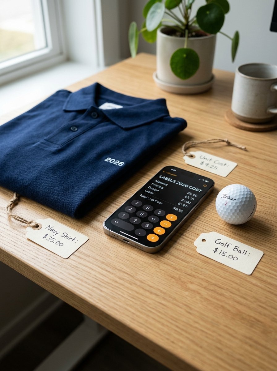 Navy blue polo shirt with 2026 embroidered next to price tags and a calculator app on a wooden desk.