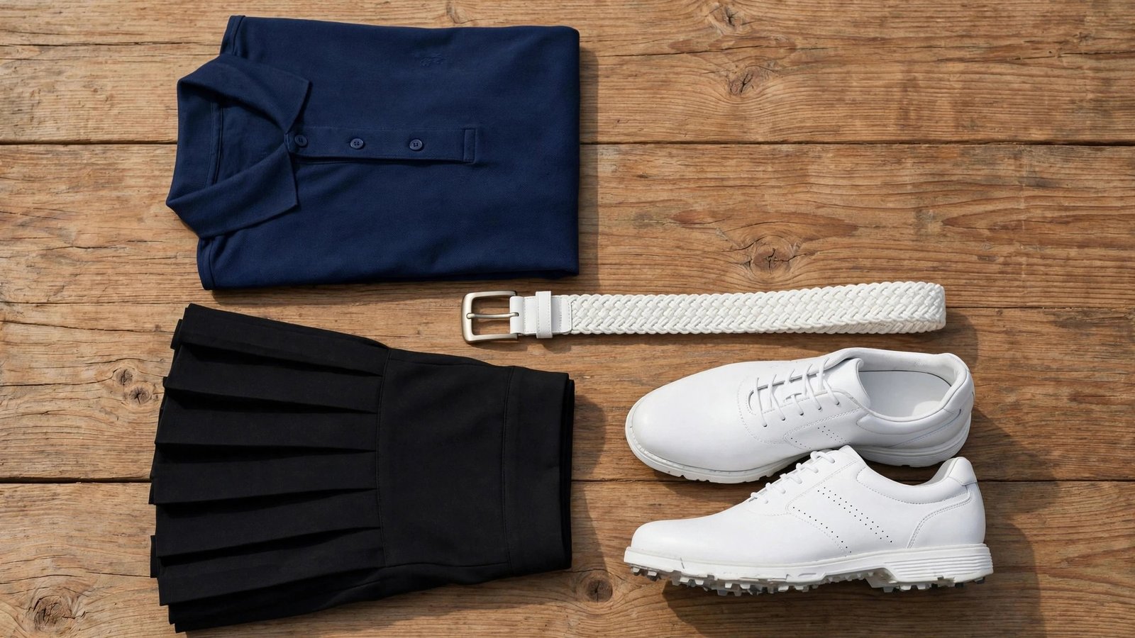 Navy polo shirt, black pleated skirt, white woven belt, and white golf shoes arranged on a rustic wooden table.