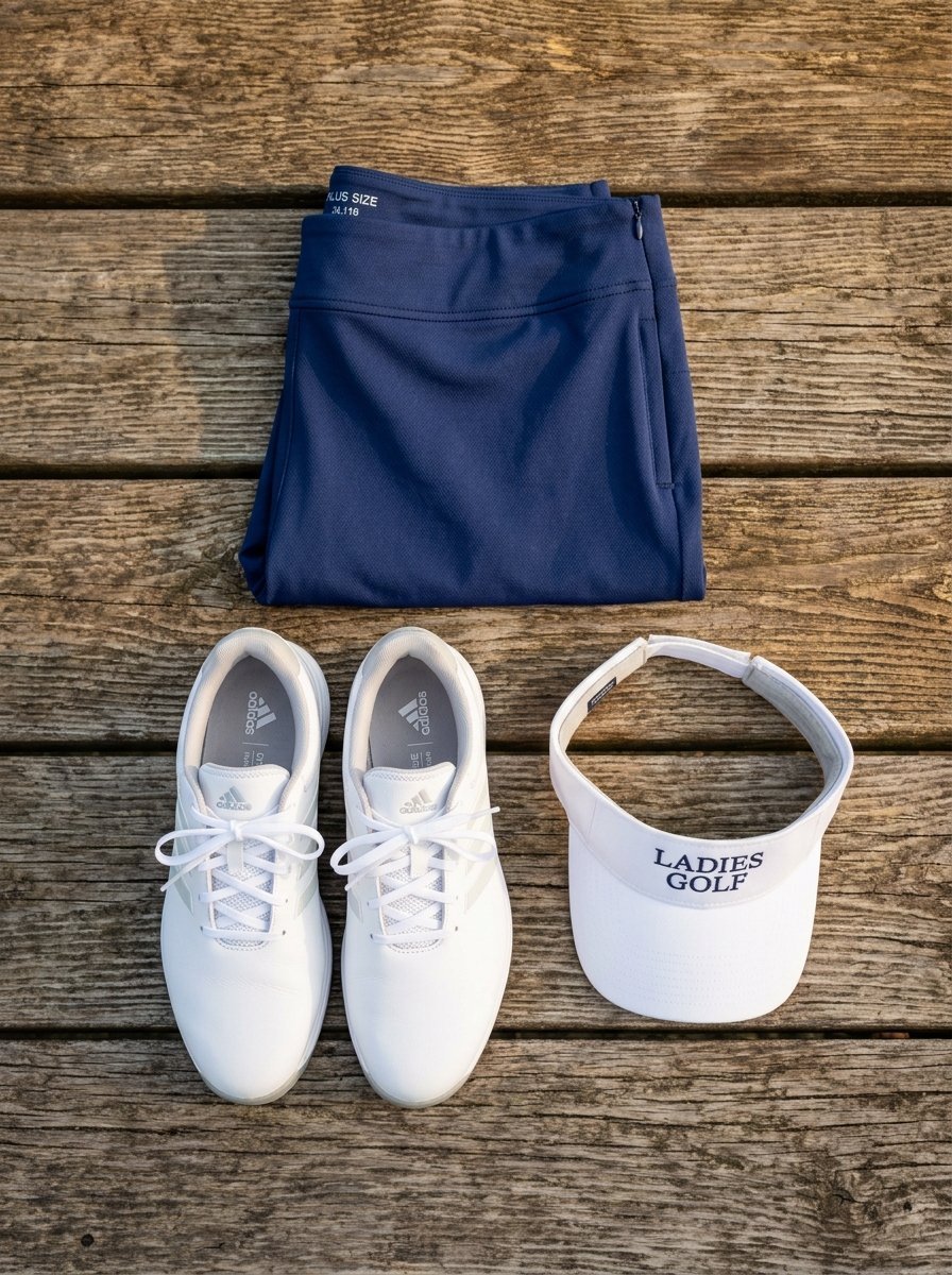 A pair of white Adidas golf shoes next to a folded navy blue athletic skort and a white Ladies Golf visor on wood.