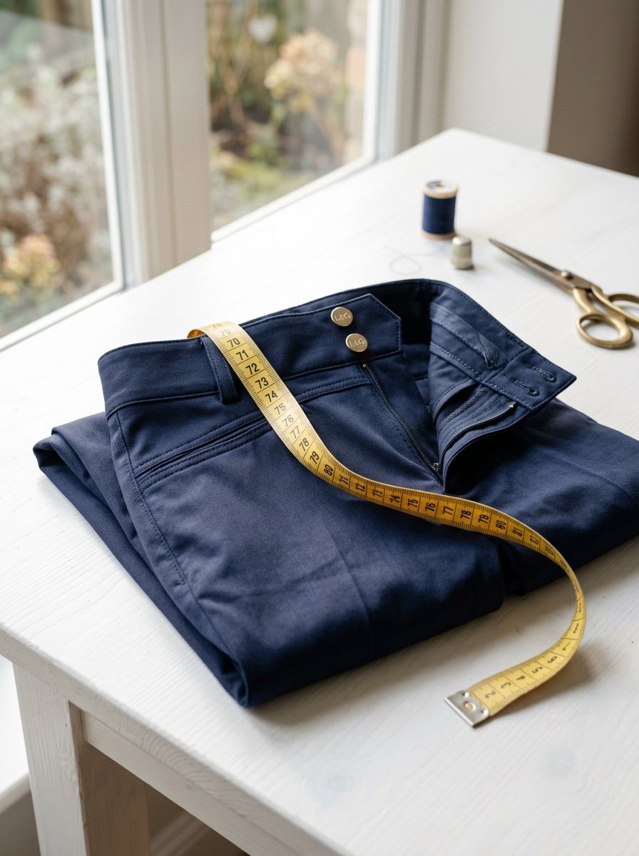 Folded blue pants featuring a yellow tape measure, sewing scissors, and a spool of thread on a workbench.