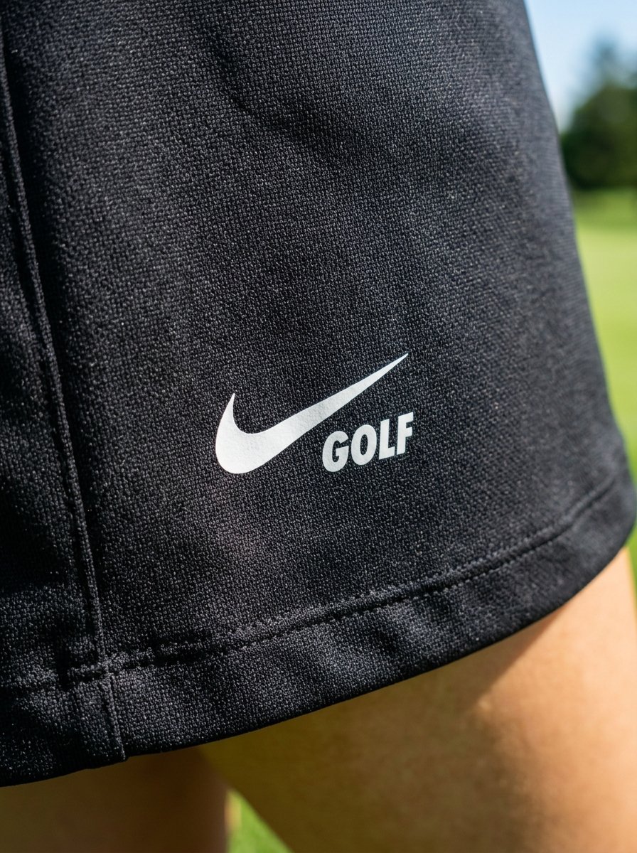 A white Nike swoosh and the word Golf printed on black fabric textured material.