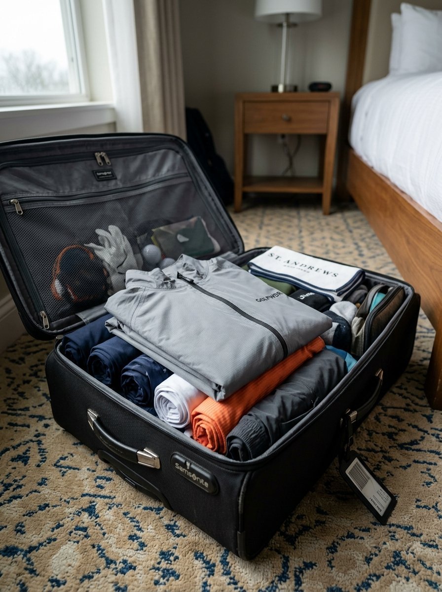 An open suitcase on a carpeted floor containing neatly folded golf clothes and a St. Andrews towel.