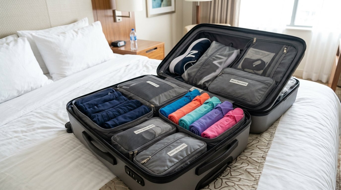 A suitcase filled with organized packing cubes, folded polo shirts, and running shoes sitting on a white hotel bed.