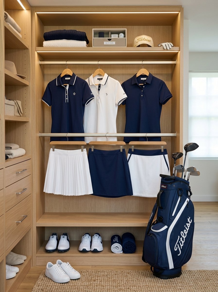 Wooden closet display featuring hanging polo shirts, pleated skirts, golf shoes, and a Titleist golf bag.