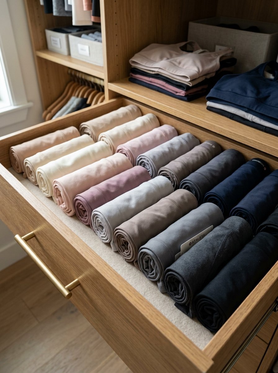A drawer filled with neatly rolled yoga pants and leggings in a neutral color palette inside a modern closet.