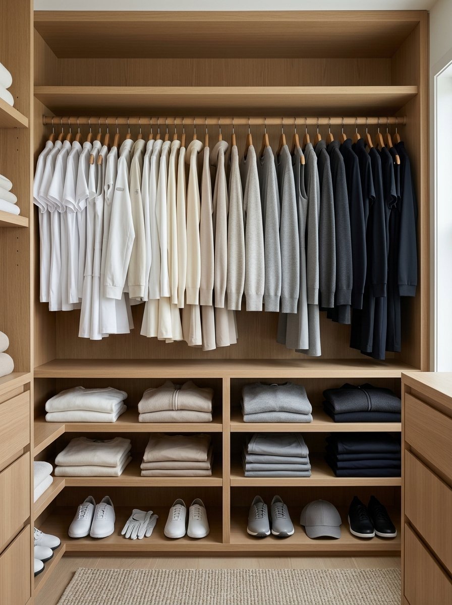 A wooden closet organized with a gradient of white, grey, and black shirts, folded sweaters, and pairs of shoes.