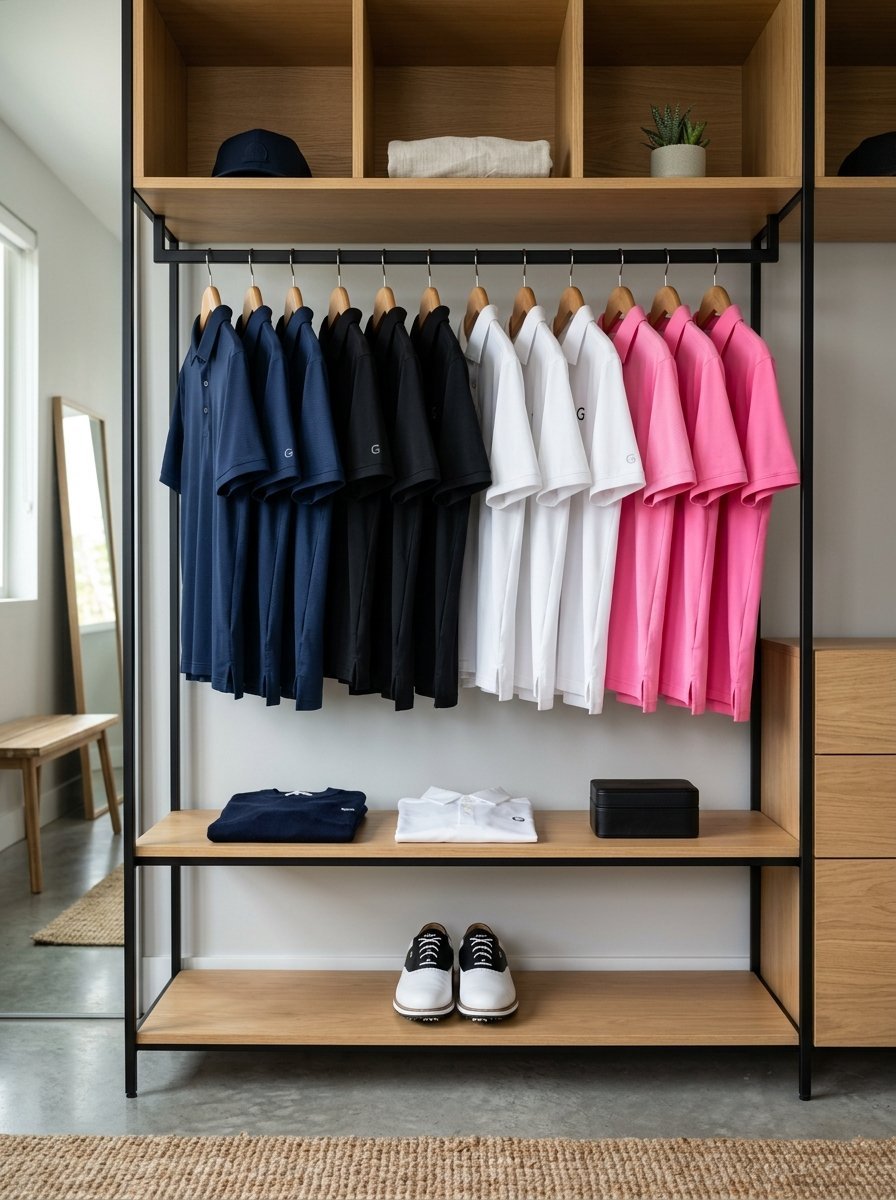 A modern wooden closet organizer displaying neatly hung polo shirts in blue, black, white, and pink.