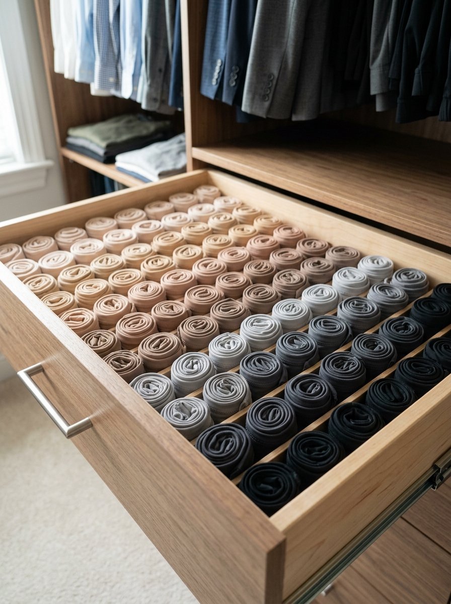 A wooden closet drawer featuring rows of socks rolled in a color gradient from nude to grey to black.