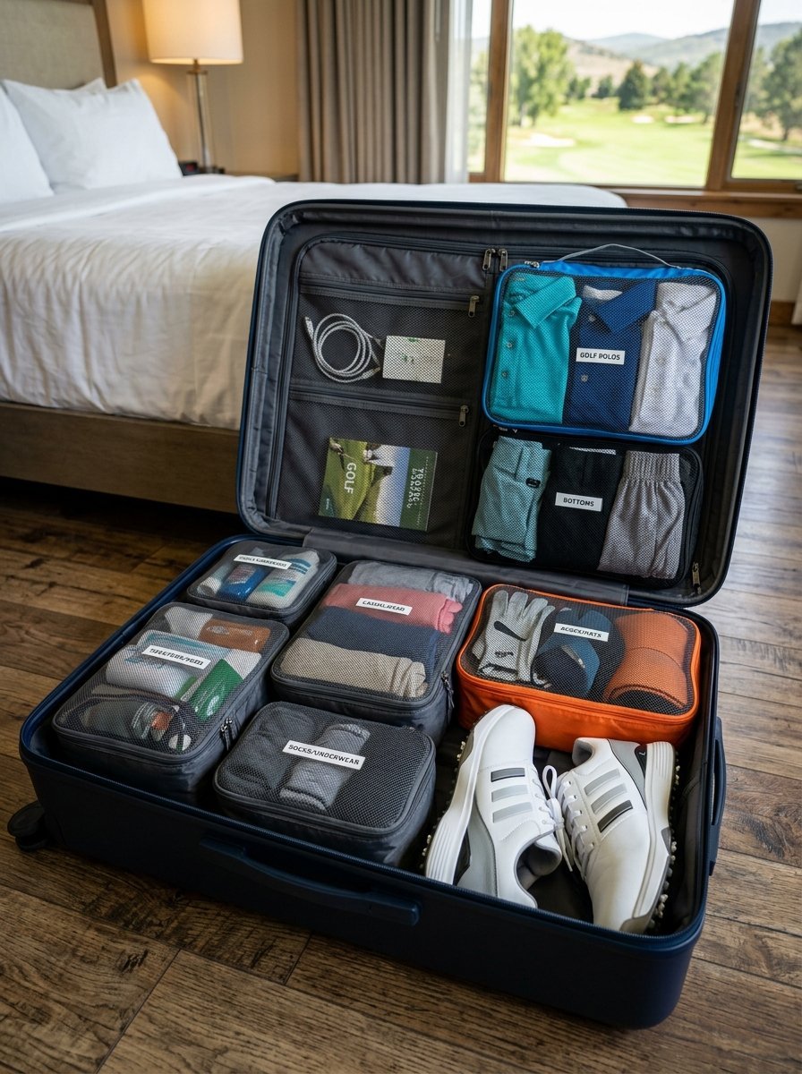 Open suitcase featuring labeled packing cubes for golf apparel, shoes, and casual clothing in a bedroom setting.