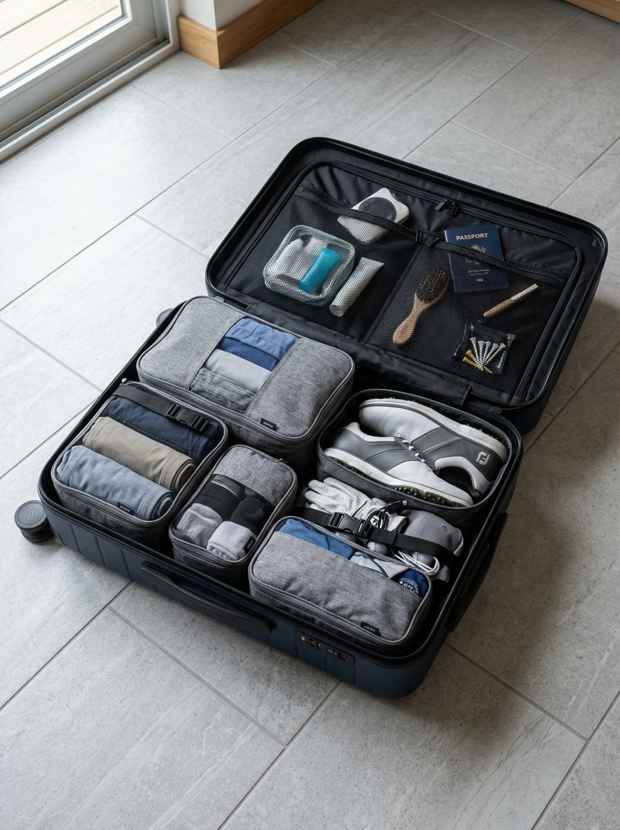 An open dark suitcase on a tiled floor featuring organized packing cubes, golf shoes, tees, and a passport.