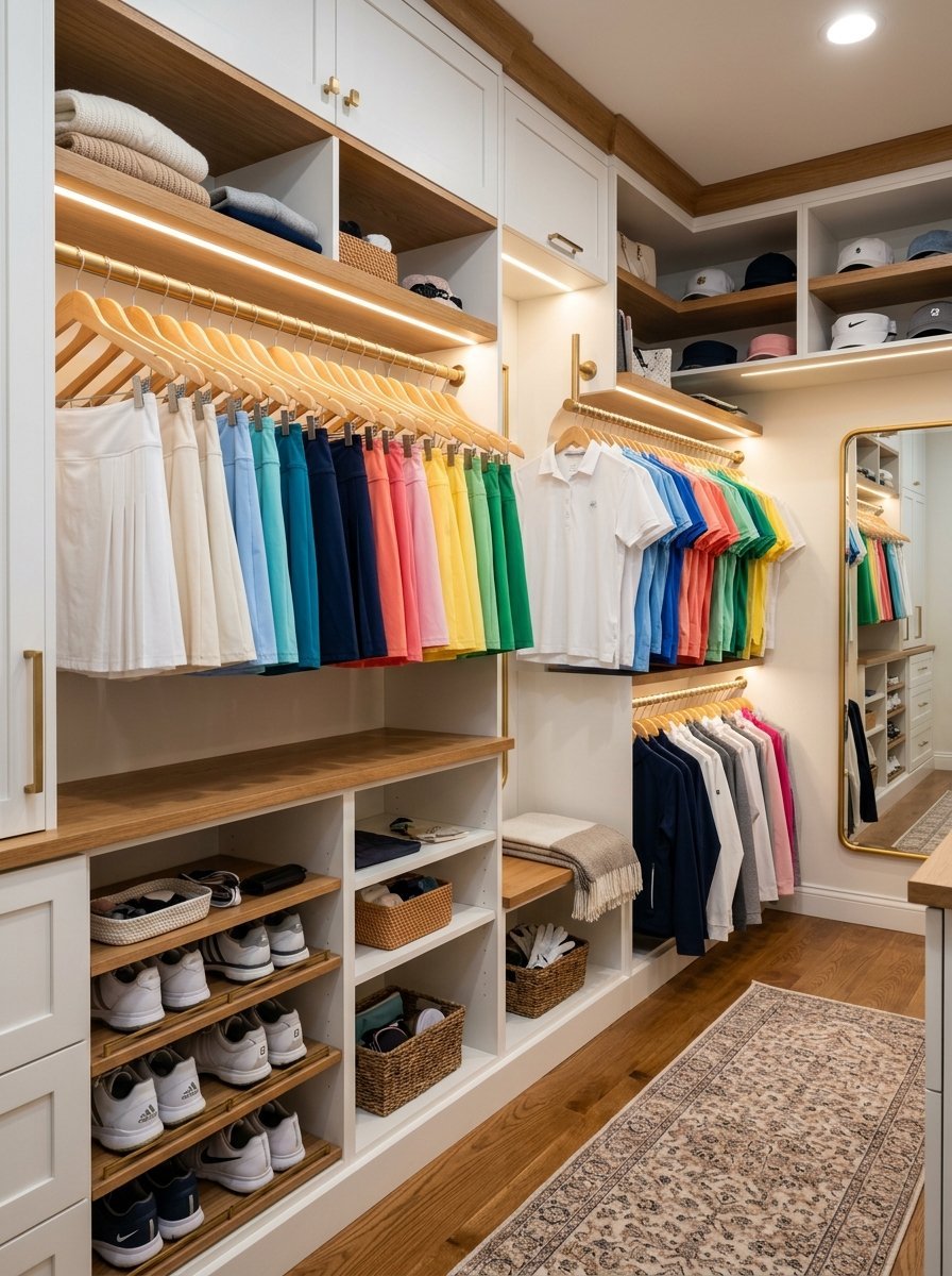 Custom white walk-in closet shelving filled with colorful skirts, polo shirts, sneakers, and accessories.