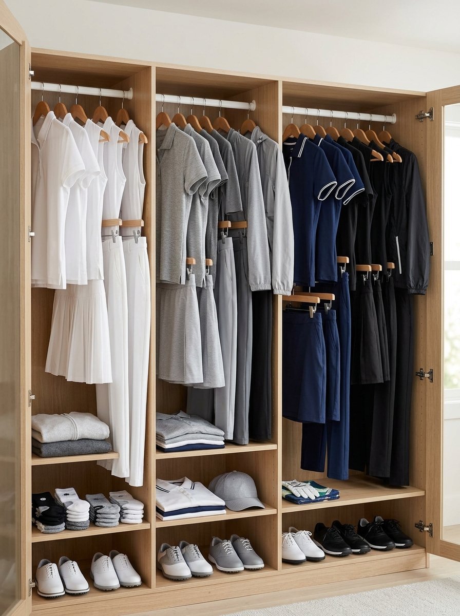 Wooden closet shelves organized with hanging golf shirts, skirts, trousers, folded clothes, and golf shoes.