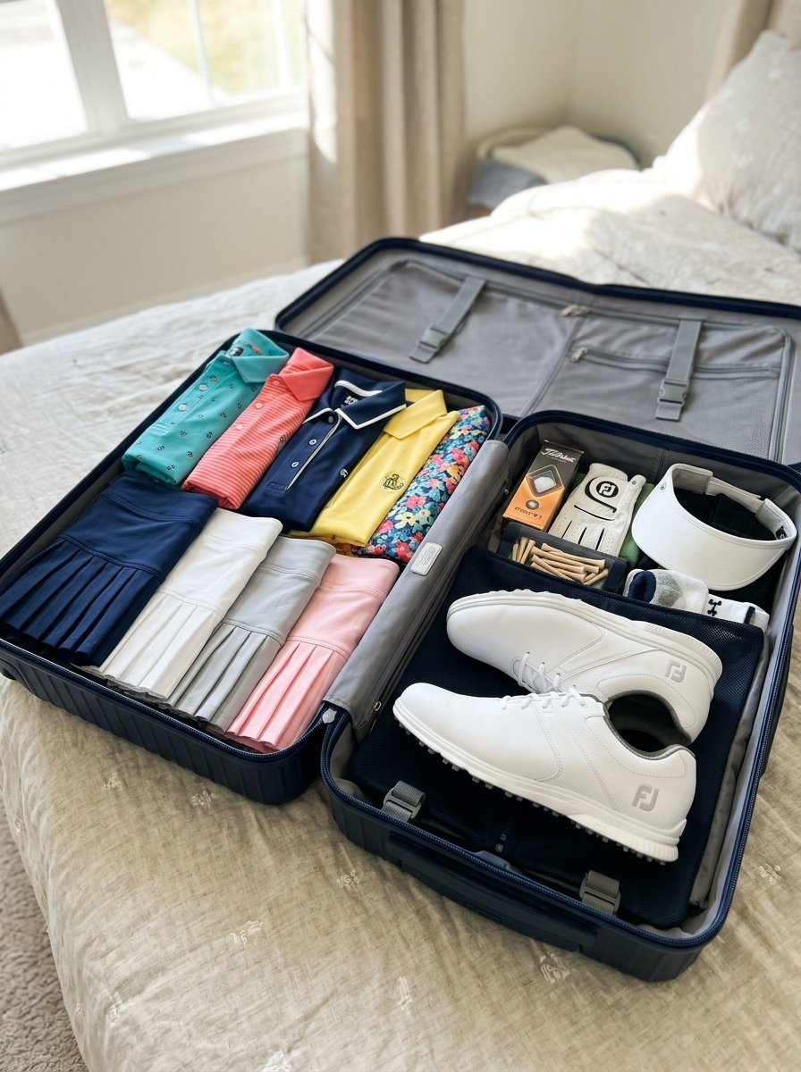 A suitcase filled with folded golf skirts, polo shirts, a white visor, and a pair of FootJoy golf shoes.