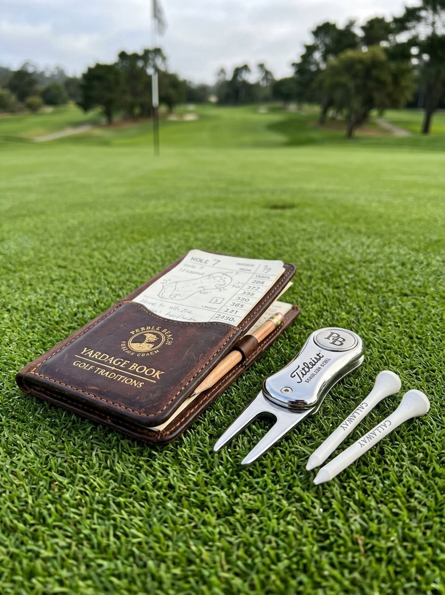 A leather yardage book, silver divot tool, and two white golf tees sitting on a green golf course fairway.