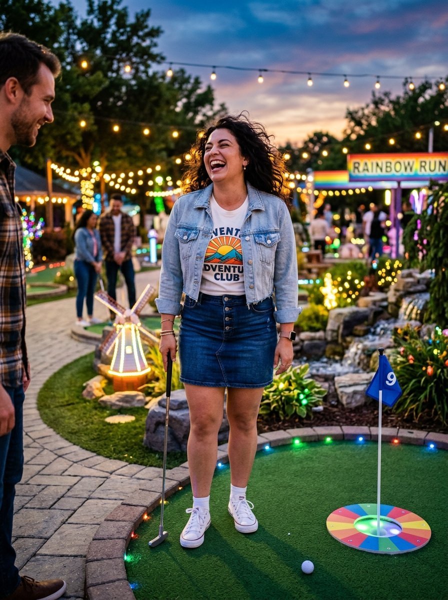 Smiling woman in a denim jacket holding a putter on a miniature golf course with string lights at night.