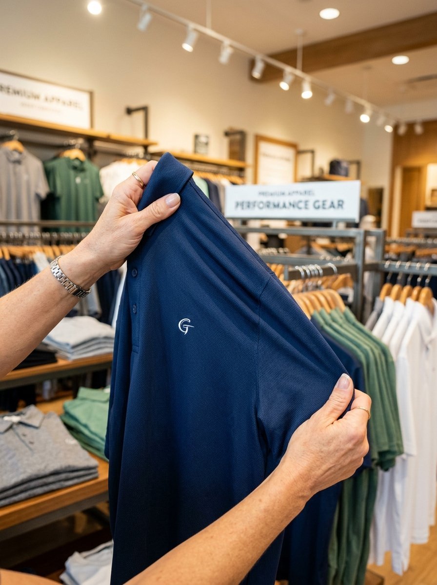 Close up of hands inspecting a textured navy blue polo shirt with a G logo in a clothing retail shop.