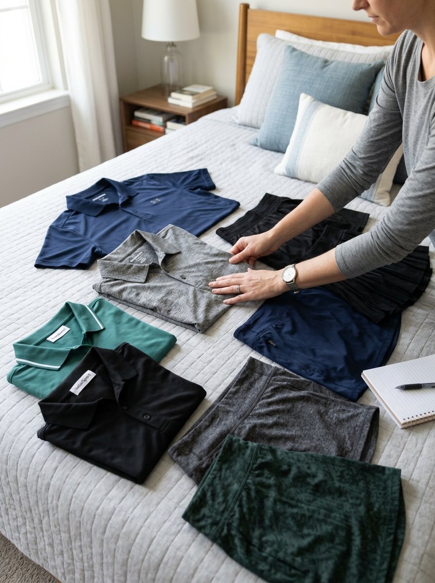 Close-up of hands organizing athletic apparel on a quilted bedspread.