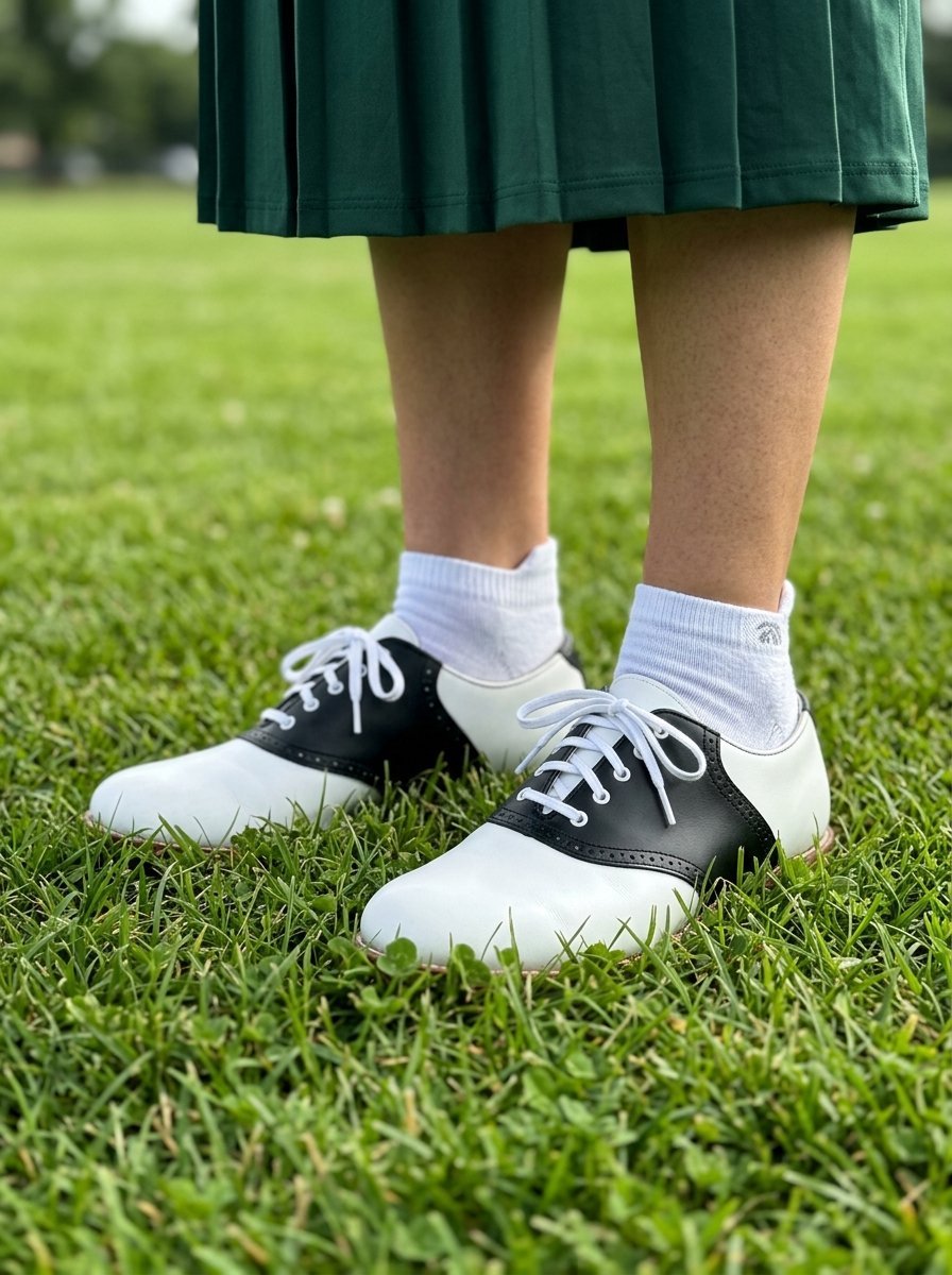 Close up of legs in white socks and saddle shoes standing on a lush green lawn.