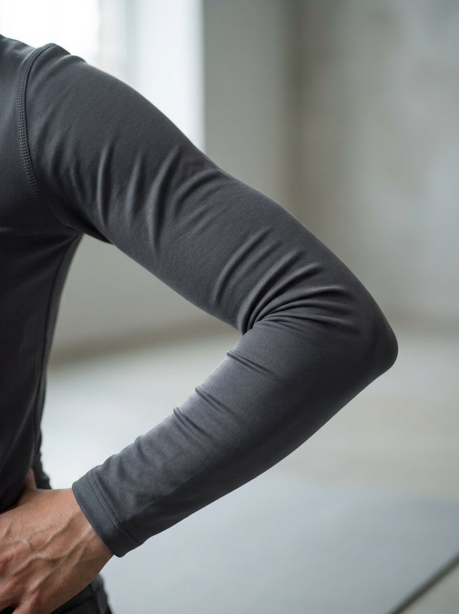 Close-up of a person's bent arm wearing a charcoal grey fitted long-sleeve athletic top.