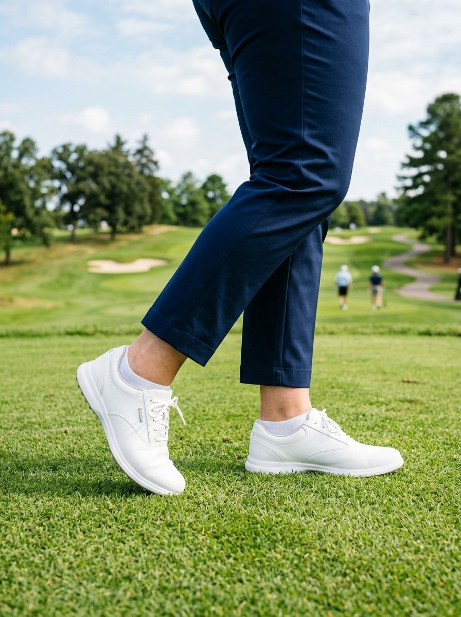 Close up of a person wearing navy trousers and clean white sneakers standing on a grassy fairway.