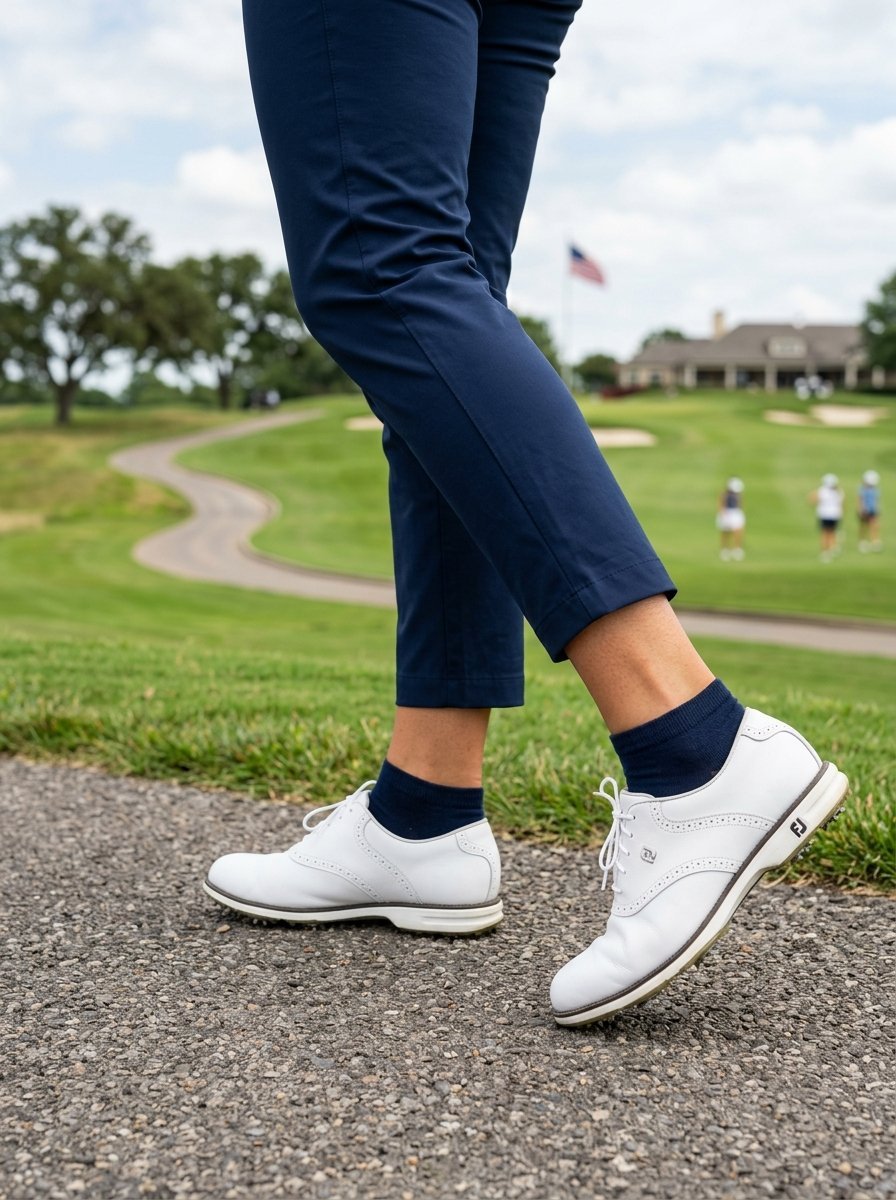 Close-up of golfer legs in navy pants and white athletic shoes walking on a paved golf cart path.