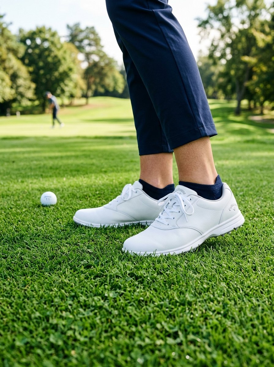 Close up of feet in white Callaway golf shoes standing on green grass with a golf ball nearby.