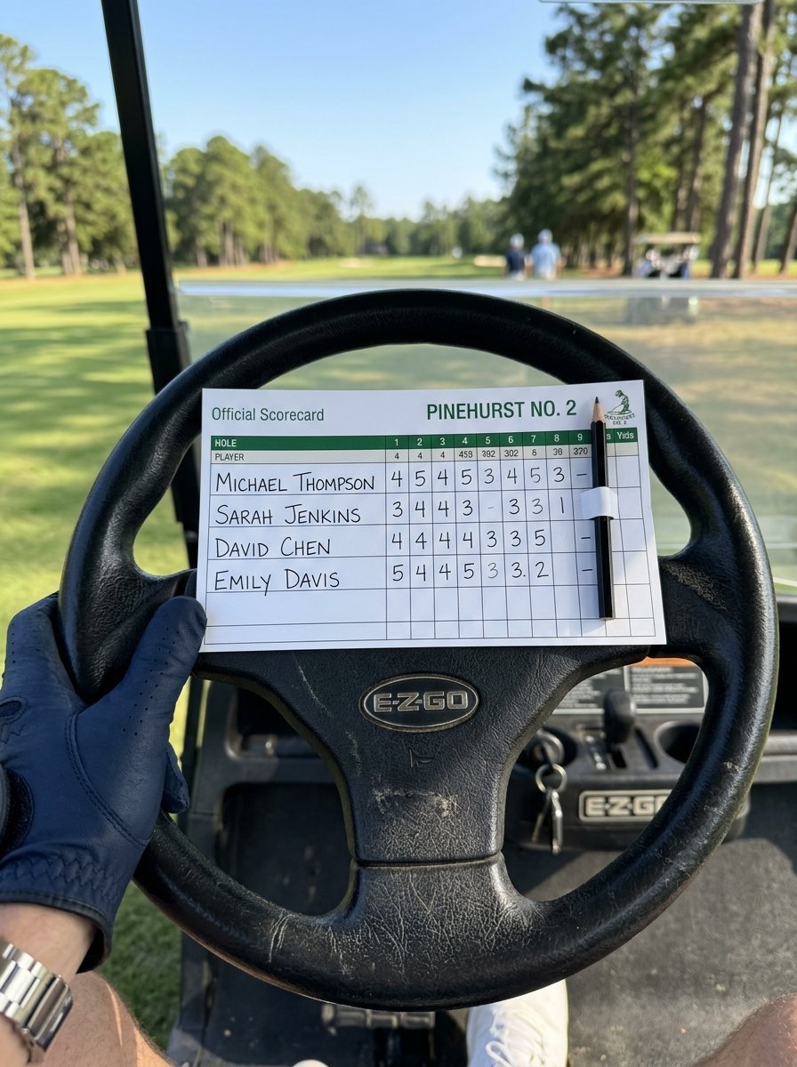 Close-up of a Pinehurst No. 2 golf scorecard held against a black steering wheel on a sunny course.