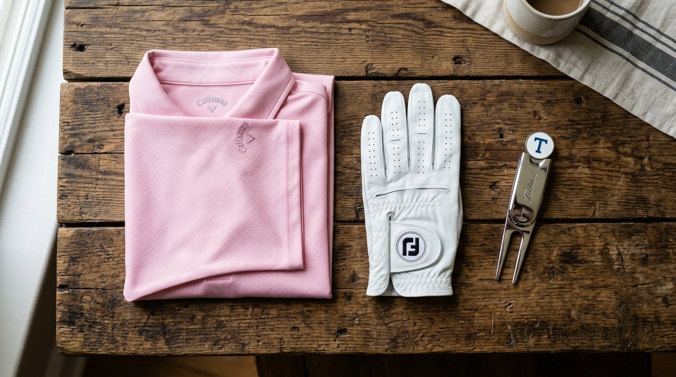 Folded pink golf polo, white leather sports glove, and metal repair tool on rustic wooden table.