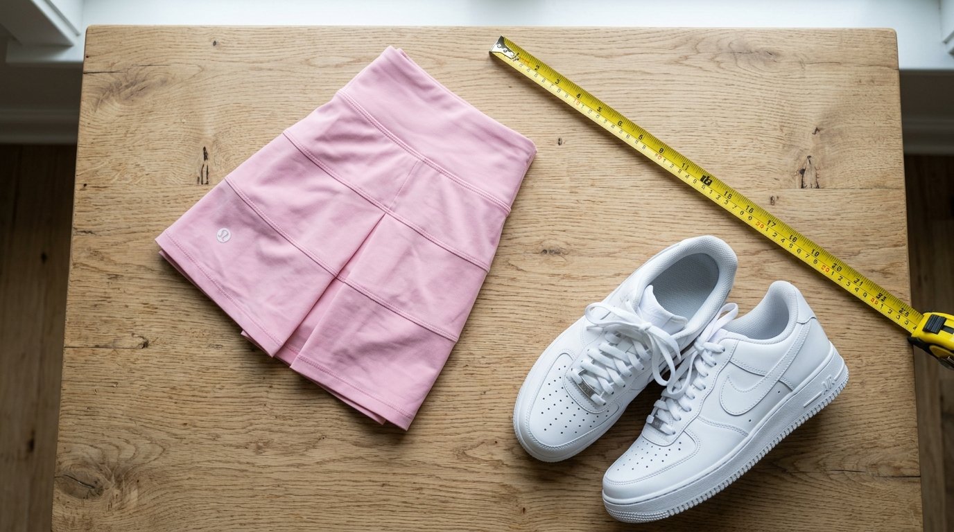 Pink Lululemon skirt and white Nike Air Force 1 sneakers laying on a wooden table with a yellow tape measure.