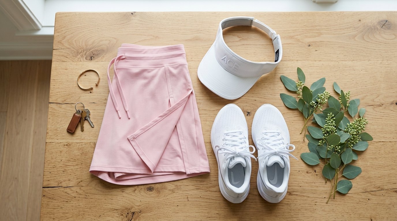Pink athletic skirt, white visor, and white running shoes arranged on a wooden table with eucalyptus stems.
