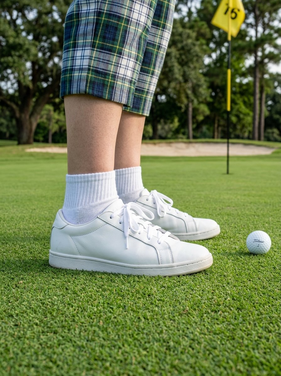 Lower body of a person wearing plaid shorts and white sneakers standing on a golf course near a hole pin.