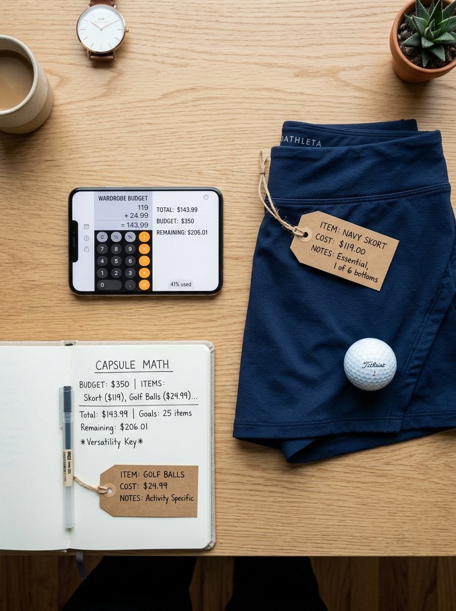 Top-down view of a navy skort, golf ball, calculator, and notebook on a wooden desk showing budget calculations.
