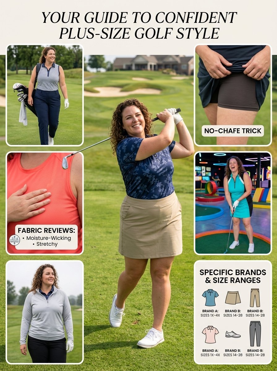 Collage of photos showing a woman wearing various athletic golf clothes, skirts, and shirts on a golf course.