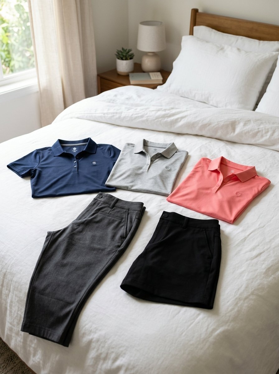 Folded navy, grey, and coral polo shirts displayed with grey and black tailored shorts on a white bedspread.