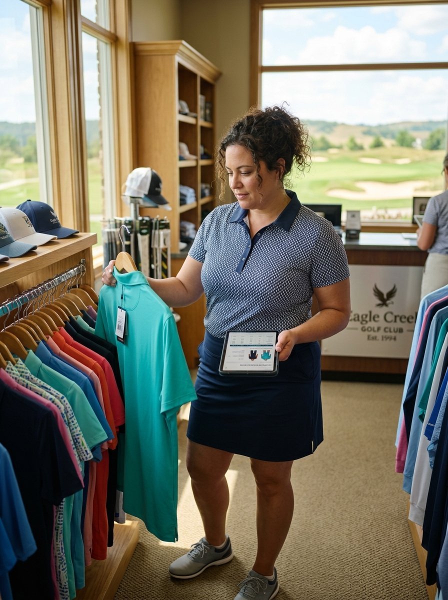Woman in golf attire inspecting a turquoise polo shirt in a retail shop while holding a tablet.