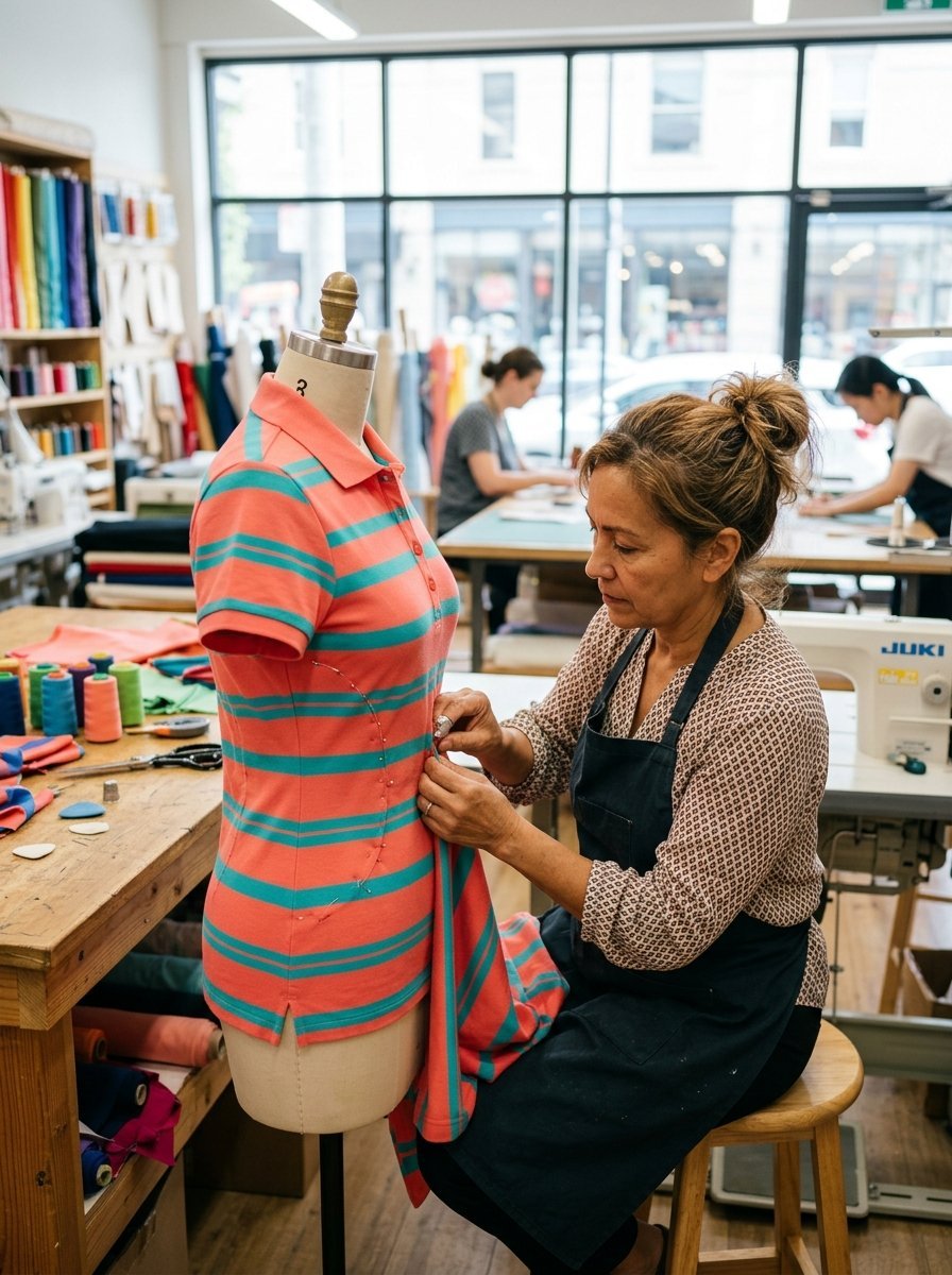 A woman wearing a dark apron pins fabric onto a coral and turquoise striped polo shirt displayed on a dress form.